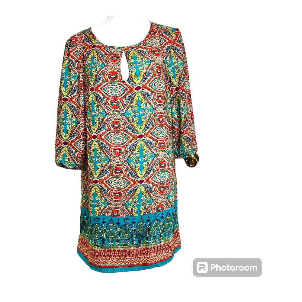 Bebop Be You Be Free Dress SZ L Keyhole 3/4 Sleeves Aqua Multi Color Tribal